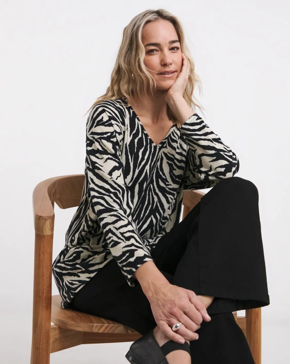 Zebra Print Soft Touch V Neck Longline Top
