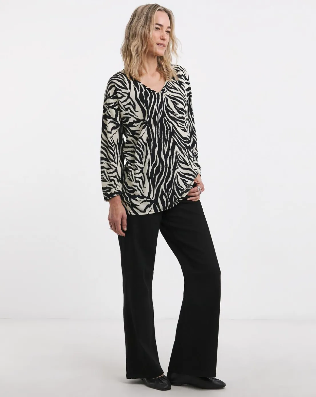 Zebra Print Soft Touch V Neck Longline Top