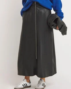 Black A-Line Zip PU Leather Look Maxi Skirt