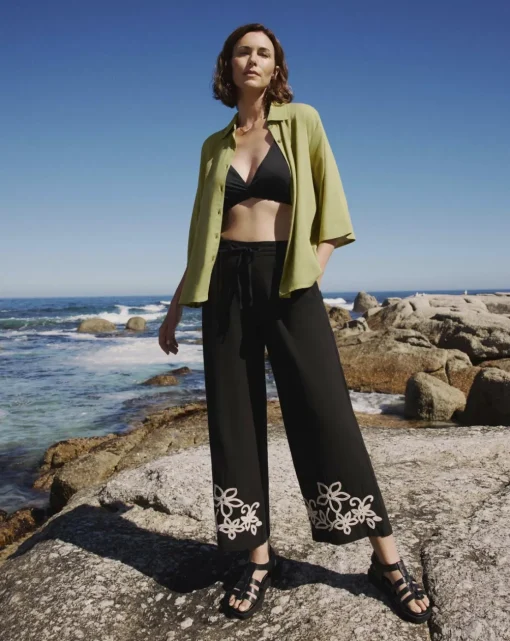 Black Cotton Cornelly Embroidered Wide Leg Trousers