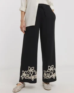 Black Cotton Cornelly Embroidered Wide Leg Trousers
