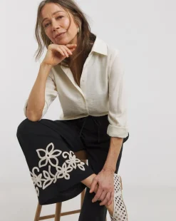 Black Cotton Cornelly Embroidered Wide Leg Trousers