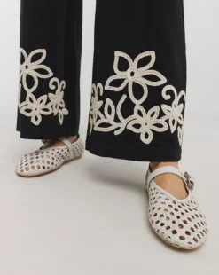 Black Cotton Cornelly Embroidered Wide Leg Trousers