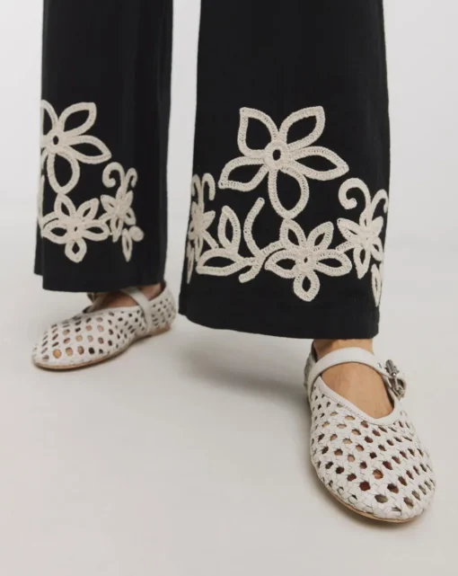 Black Cotton Cornelly Embroidered Wide Leg Trousers