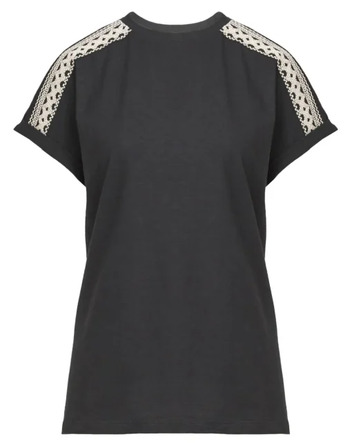 Black Crew Neck Embroidered Shoulder T-Shirt