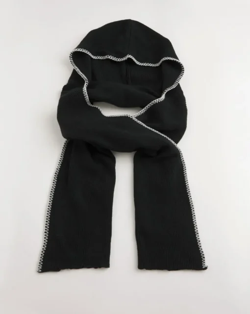 Black Hooded Contrast Stitch Scarf
