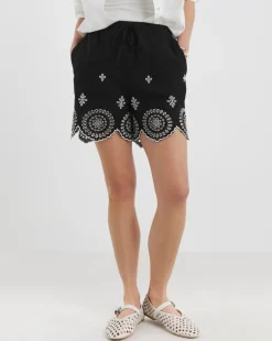 Black Linen Mix Broderie Hem Shorts