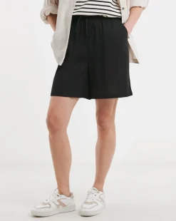 Black Linen Mix Knee Length Shorts