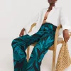 Black Palm Printed Spun Viscose Pull On Wide Leg Trousers
