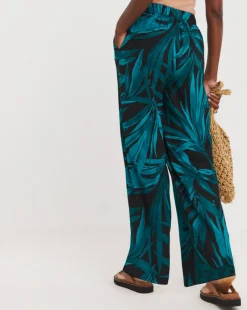 Black Palm Printed Spun Viscose Pull On Wide Leg Trousers