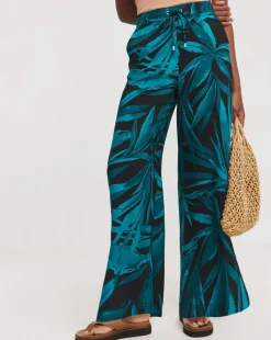 Black Palm Printed Spun Viscose Pull On Wide Leg Trousers