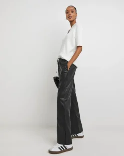 Black PU Leather Look Wide Leg Jogger