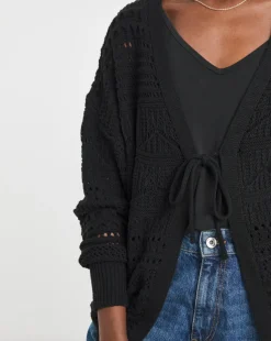Black Tie Front Crochet Cardigan