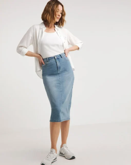 24/7 Blue Midi Denim Skirt