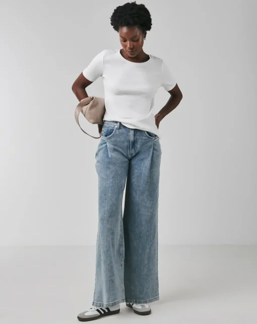 Blue Pleat Detail Wide Leg Jeans