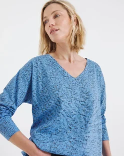 Blue Print Slouch Long Sleeve Longline Top