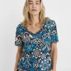 Blue Print V Neck Short Sleeve Bubble Hem Top