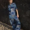 Blue Printed Spun Viscose Pull On Wide Leg Trousers