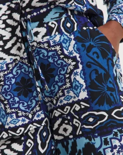 Blue Printed Spun Viscose Pull On Wide Leg Trousers
