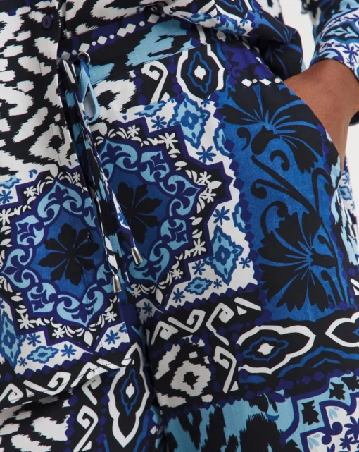 Blue Printed Spun Viscose Pull On Wide Leg Trousers