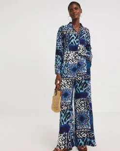 Blue Printed Spun Viscose Pull On Wide Leg Trousers