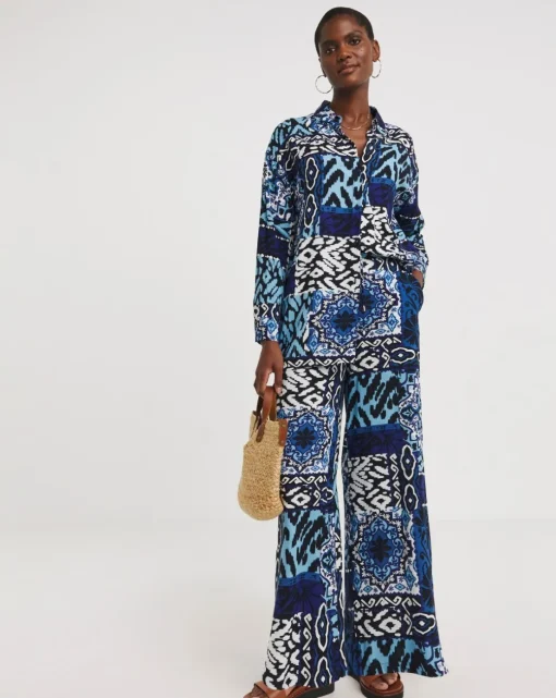 Blue Printed Spun Viscose Pull On Wide Leg Trousers