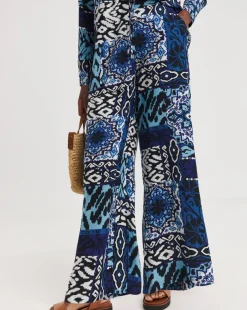 Blue Printed Spun Viscose Pull On Wide Leg Trousers