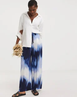 Blue Tie Dye Crinkle Shirred Waist Wide Leg Trousers