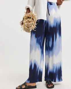 Blue Tie Dye Crinkle Shirred Waist Wide Leg Trousers