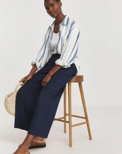Blue Twill Soft Pull On Wide Leg Trousers
