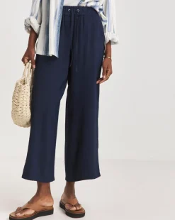Blue Twill Soft Pull On Wide Leg Trousers