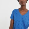 Blue V-Neck Broderie Short Sleeve T-Shirt