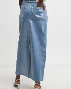 Blue/Silver Metallic Coated Denim Skirt