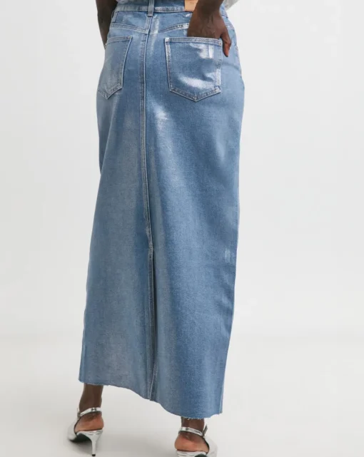 Blue/Silver Metallic Coated Denim Skirt