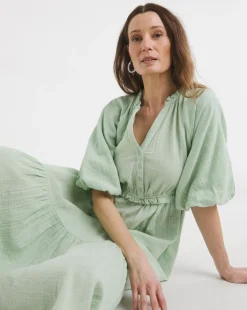 Bubble Sleeve Cheesecloth Maxi Dress