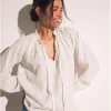 Collarless Long Sleeve Tie Neck Blouse
