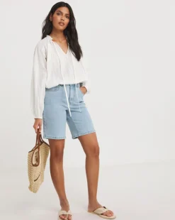 Collarless Long Sleeve Tie Neck Blouse