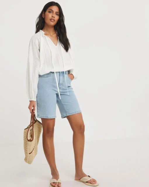 Collarless Long Sleeve Tie Neck Blouse