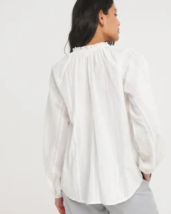 Collarless Long Sleeve Tie Neck Blouse