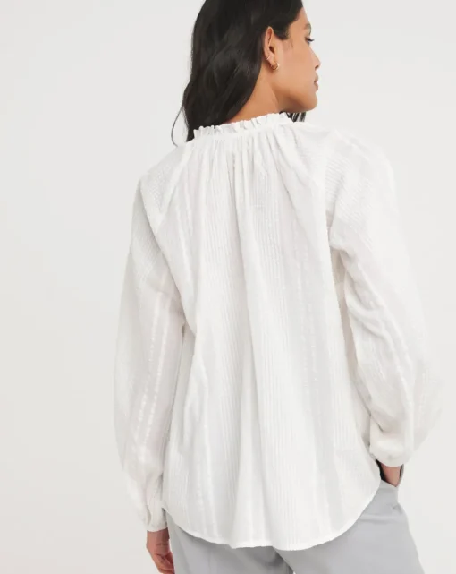 Collarless Long Sleeve Tie Neck Blouse