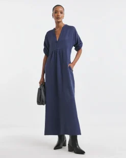 Collarless Placket Detail Smock Dress