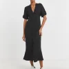 Collarless Placket Detail Smock Midi Dress