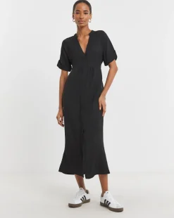 Collarless Placket Detail Smock Midi Dress