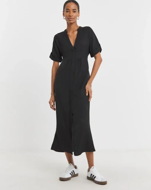 Collarless Placket Detail Smock Midi Dress