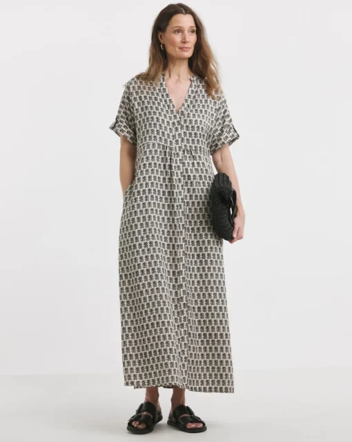 Collarless Placket Detail Smock Dress