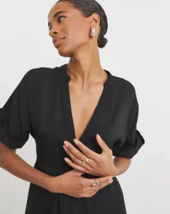 Collarless Placket Detail Smock Midi Dress