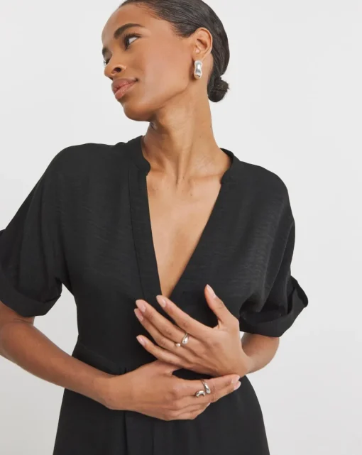 Collarless Placket Detail Smock Midi Dress