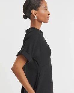 Collarless Placket Detail Smock Midi Dress