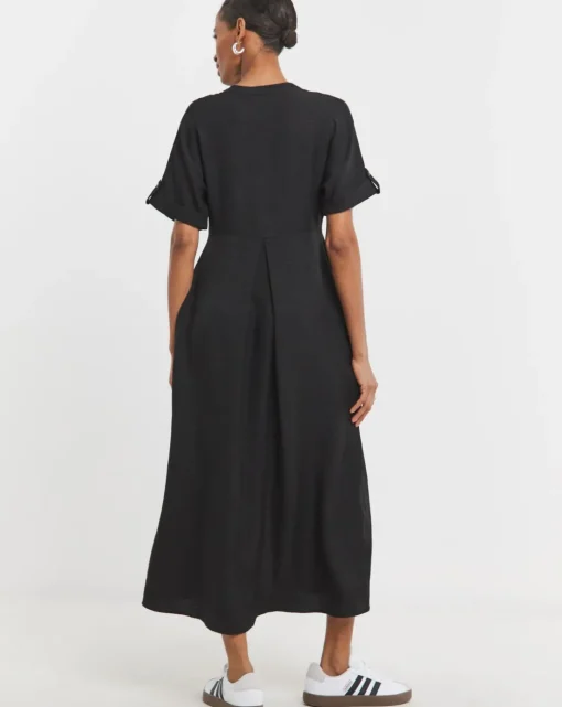 Collarless Placket Detail Smock Midi Dress