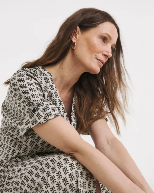 Collarless Placket Detail Smock Dress